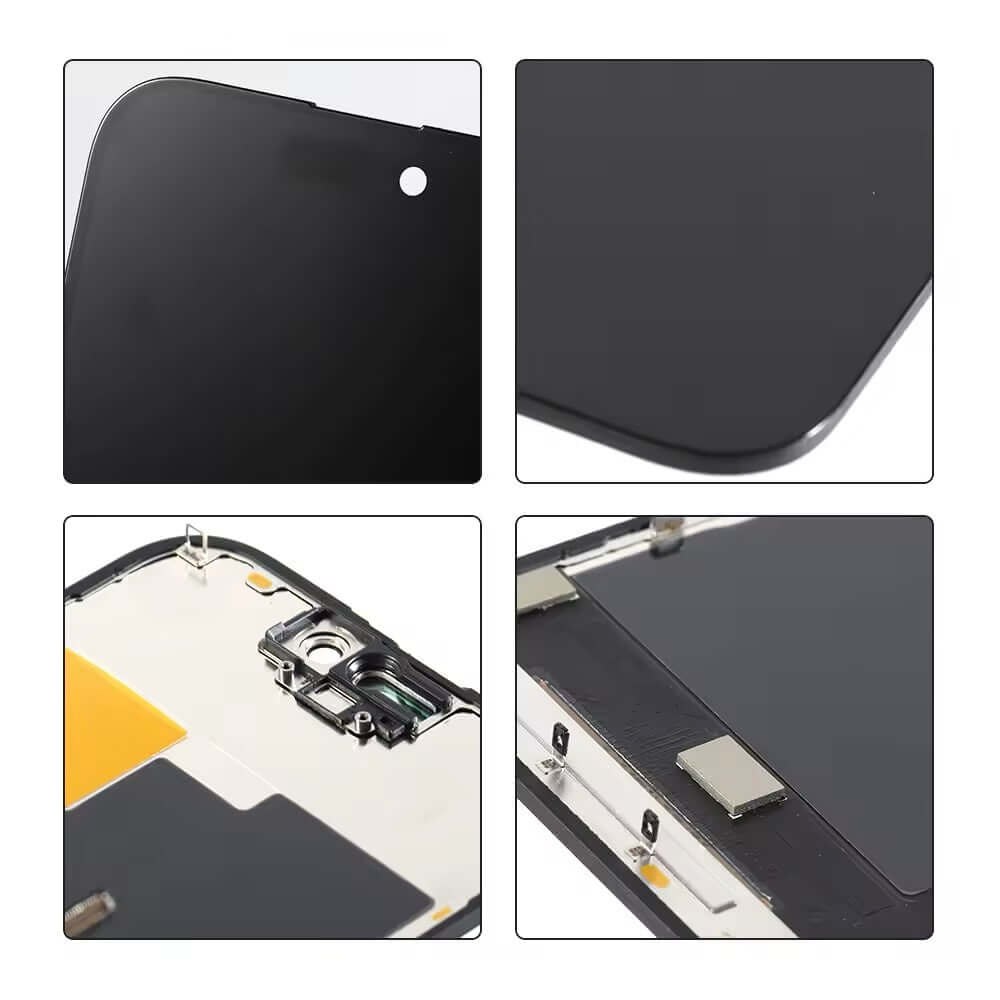 Close-up of iPhone 15 Pro Premium LCD display set, showcasing high-quality design and components for easy repair.
